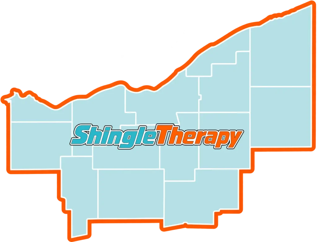 A ShingleTherapy Logo on Top of a County Map of Northeastern Ohio Representing Their Roof Preservation Service Area.